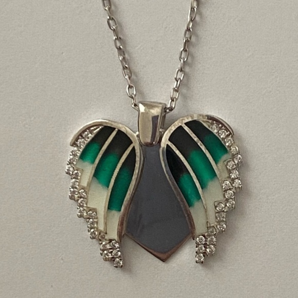 925 Silver double heart initial name cz green handmade enamel necklace